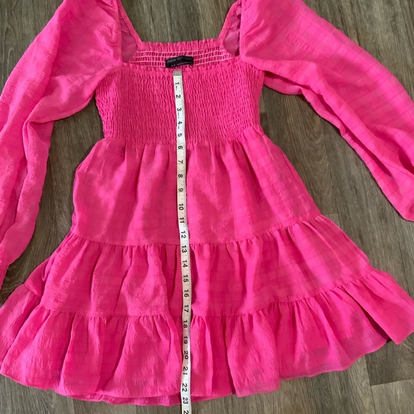 UO River Smock Long Sleeve Hot Pink Ruffle Plaid Mini Dress - OBO - Picture 5 of 9